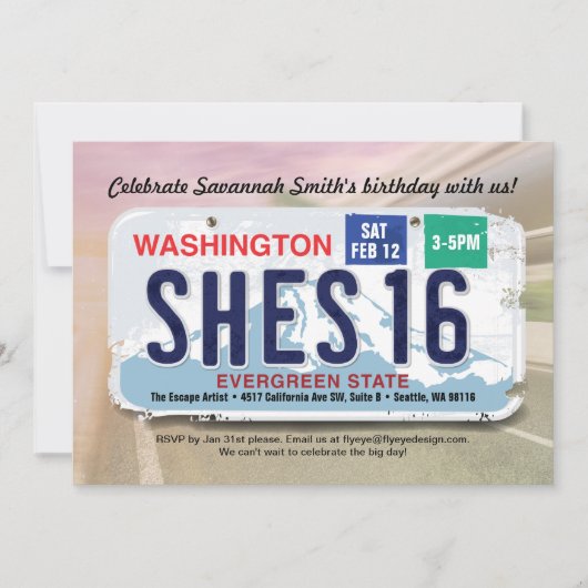 Girl's 16. Geburtstag Washington License Einladung (Vorderseite)