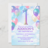 Girls 1. Geburtstag Rainbow Balloons Einladung (Vorderseite)