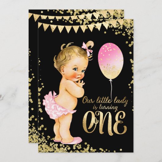 Girls 1st Birthday Gold Foil Glitzer Einladung (Vorne/Hinten)