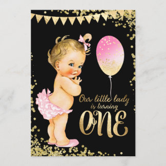 Girls 1st Birthday Gold Foil Glitzer Einladung