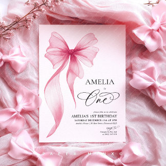 Girls 1st birthday pink bow coquette einladung