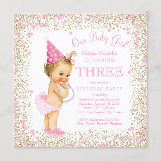 Girls 3. Geburtstag Party Pink Gold Glitzer Einladung