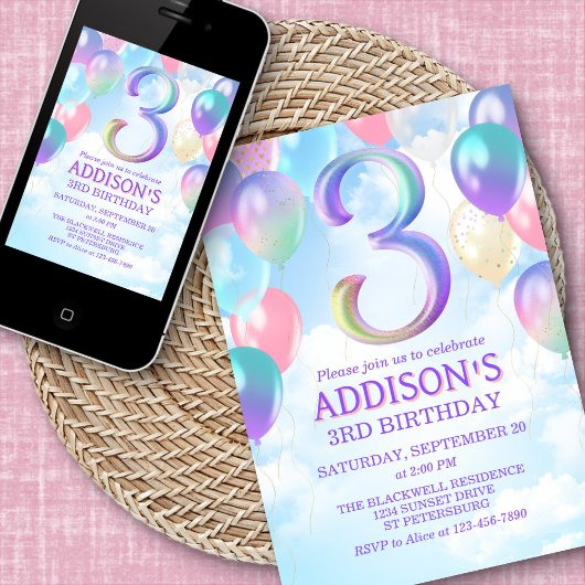 Girls 3. Geburtstag Rainbow Balloons Einladung