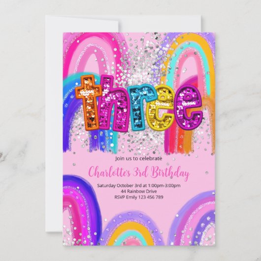 Girls 3rd Birthday Sequin Rainbow Party Invitation Einladung (Vorderseite)