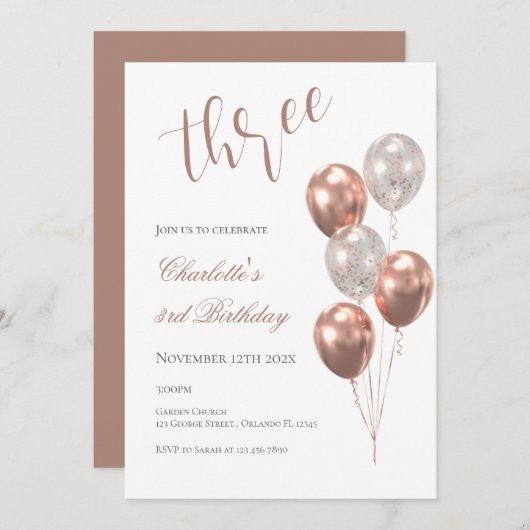 Girl's 3rd birthday, with beige balloons einladung (Vorne/Hinten)