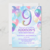 Girls 9th Birthday Rainbow Balloons Einladung (Vorderseite)