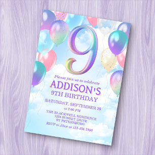 Girls 9th Birthday Rainbow Balloons Einladung