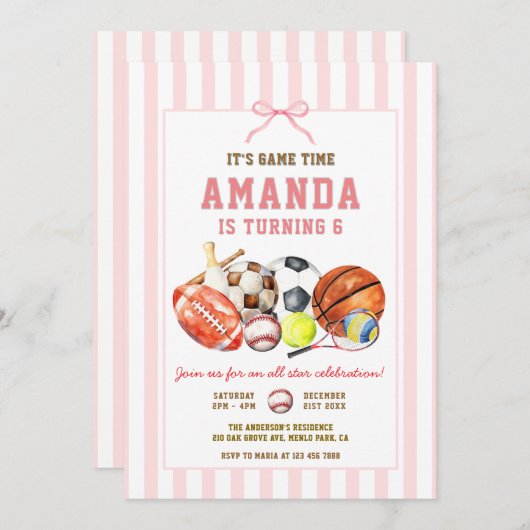 Girls All Star Sports Ball Games Birthday Party Einladung (Vorne/Hinten)