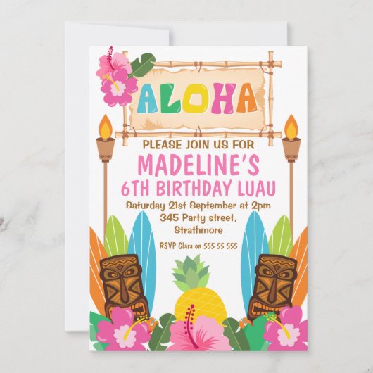 Girls Aloha Luau Einladung zum Geburtstag (Vorderseite)