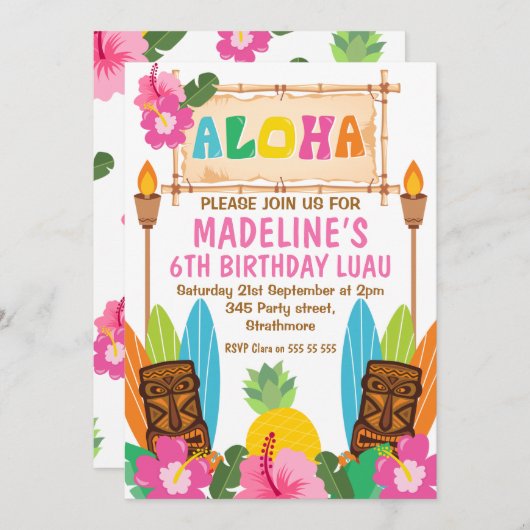 Girls Aloha Luau Einladung zum Geburtstag (Vorne/Hinten)
