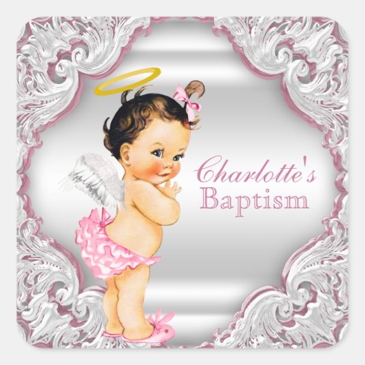 Girls Angel Taufe Christening Quadratischer Aufkleber (Vorderseite)
