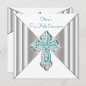 Girls Aquamarin Blue First Communion Einladung (Vorne/Hinten)