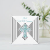 Girls Aquamarin Blue First Communion Einladung (Stehend Vorderseite)