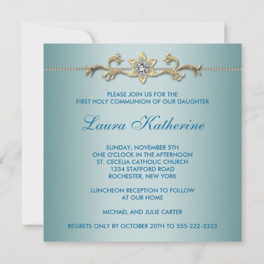 Girls Aquamarin Blue First Communion Einladung (Rückseite)