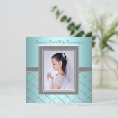 Girls Aquamarin Blue Foto Erste Kommune Einladung (Stehend Vorderseite)