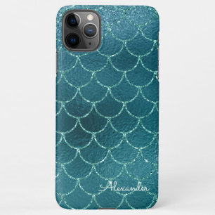 Girls Aquamarin Turquoise Mermaid Scales Monogramm iPhone 11Pro Max Hülle