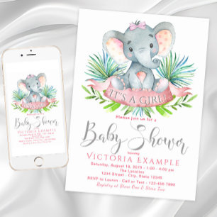 Girls Baby Elephant Baby Shower Einladungen
