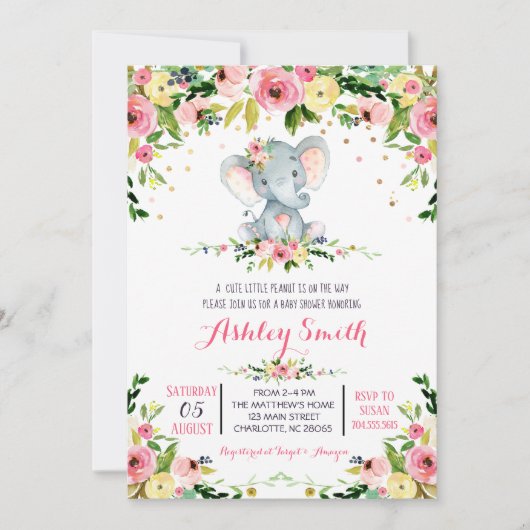Girls Baby Elephant Baby Shower Einladungen (Vorderseite)