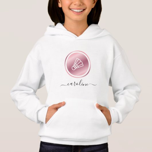 Girls Badminton Pink Rose Gold Shuttlecock Name Hoodie (Vorderseite)