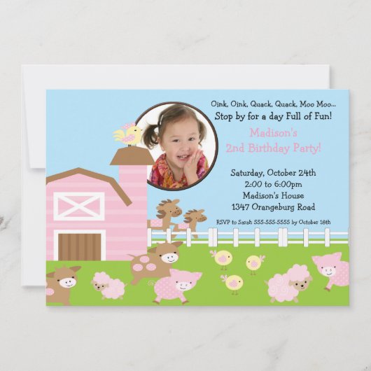 Girls Barn Animal Fun Photo Birthday Invitation Einladung (Vorderseite)