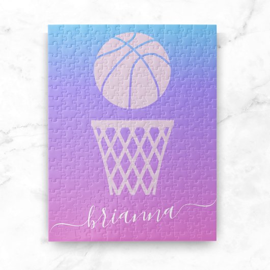 Girls Basketball Pink Lila Ombre Gradient & Name Puzzle