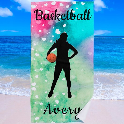 Girls Basketball Wasserfarbe mit schwimmenden Herz Strandtuch