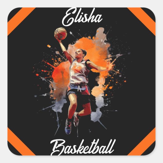 Girls Basketball Wasserfarbe Personalisiert Quadratischer Aufkleber (Vorderseite)