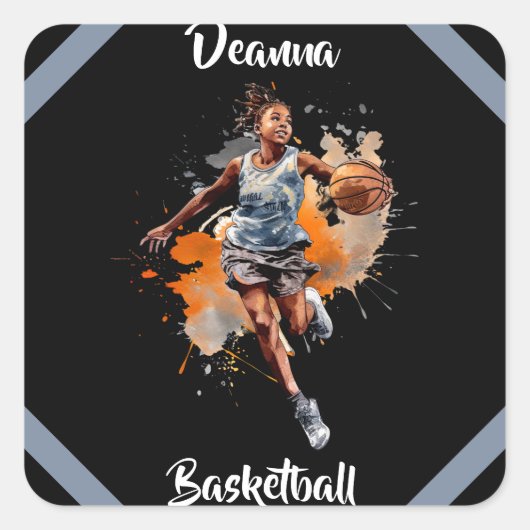 Girls Basketball Wasserfarbe Personalisiert Quadratischer Aufkleber (Vorderseite)