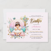 Girl's BAUTIZO Pink Gold Floral Cross Einladung (Vorderseite)