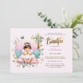 Girl's BAUTIZO Pink Gold Floral Cross Einladung (Stehend Vorderseite)