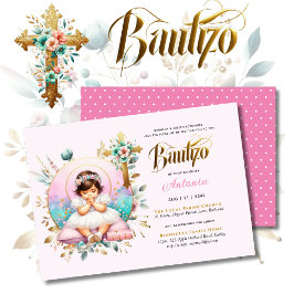 Girl's BAUTIZO Pink Gold Floral Cross Einladung