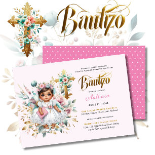 Girl's BAUTIZO Pink Gold Floral Cross Einladung