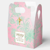 Girls Bautizo Pink Minze Green Damask Gold Cross Geschenkschachtel (Geöffnet)