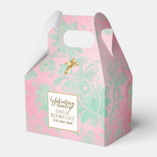 Girls Bautizo Pink Minze Green Damask Gold Cross Geschenkschachtel
