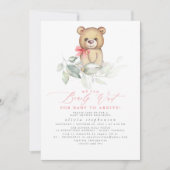 Girl's Bear Watercolor Greenery Baby Shower Einladung (Vorderseite)