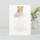 Girl's Bear Watercolor Greenery Baby Shower Einladung (Stehend Vorderseite)