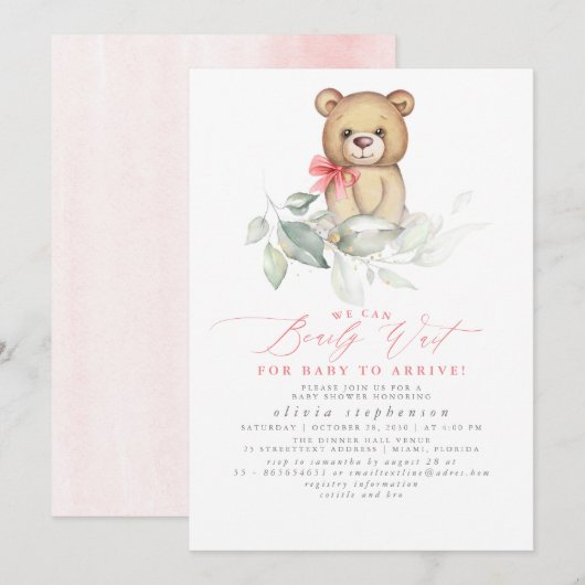 Girl's Bear Watercolor Greenery Baby Shower Einladung (Vorne/Hinten)