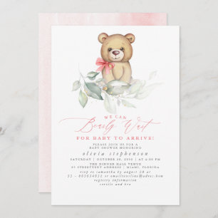 Girl's Bear Watercolor Greenery Baby Shower Einladung