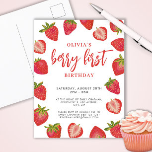 Girls Berry Erste Erdbeere Geburtstagsparty Einladungspostkarte