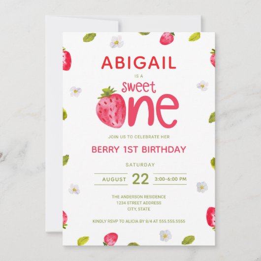 Girl's Berry Erster 1. Geburtstag Einladung (Vorderseite)