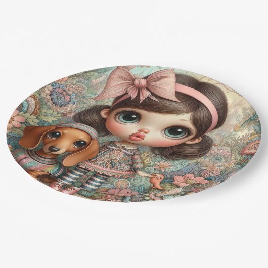 Girl's Big Eyes Dackel Party Paper Teller (Schrägansicht)