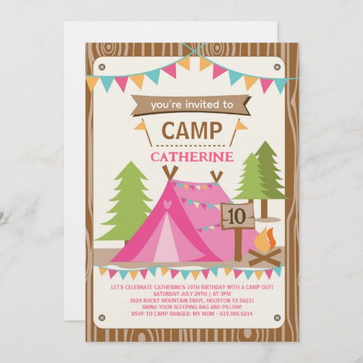 Girls Birthday Party Camping Birthday Party Einladung (Vorne/Hinten)