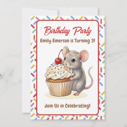 Girl's Birthday Party | Mouse & Cupcake Themed Einladung (Vorderseite)