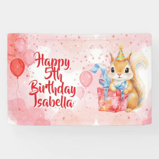 Girl's Birthday Squirrel themed Pink and Red Banner (Horizontal)