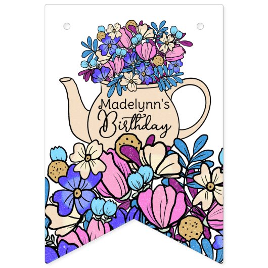 Girls Birthday Tee Party Floral Wimpelkette (Erste Fahne)