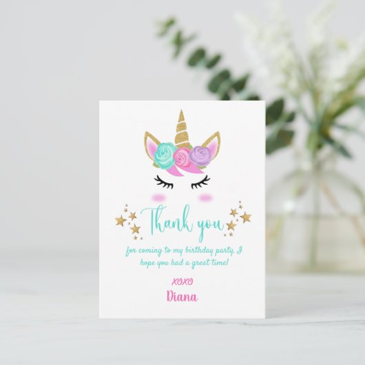 Girl's Birthday Unicorn Thema Danke Postkarte (Stehend Vorderseite)