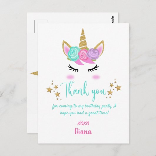 Girl's Birthday Unicorn Thema Danke Postkarte (Vorne/Hinten)