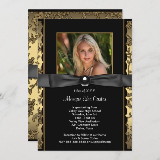 Girls Black and Gold Foto Abschluss Einladung (Vorne/Hinten)