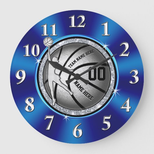 Girls blau, Silver Personalisiert Basketball Clock Große Wanduhr (Vorderseite)