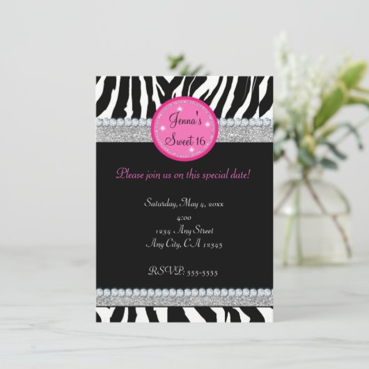 Girls Bling Sparkle Zebra Print Party Einladung (Stehend Vorderseite)